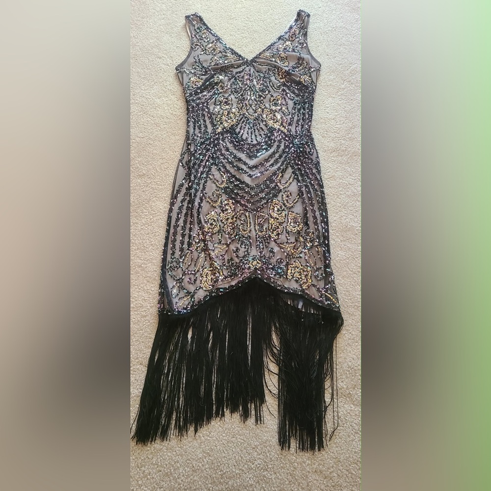 Embellished V-Neck Fringe Midi Dress in Black and Pink - Picture 10 of 16